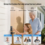 Familie an der Haustür mit Hesler Smart-Lock, Zugriffsverwaltung für dauerhafte, wiederkehrende und einmalige Codes.