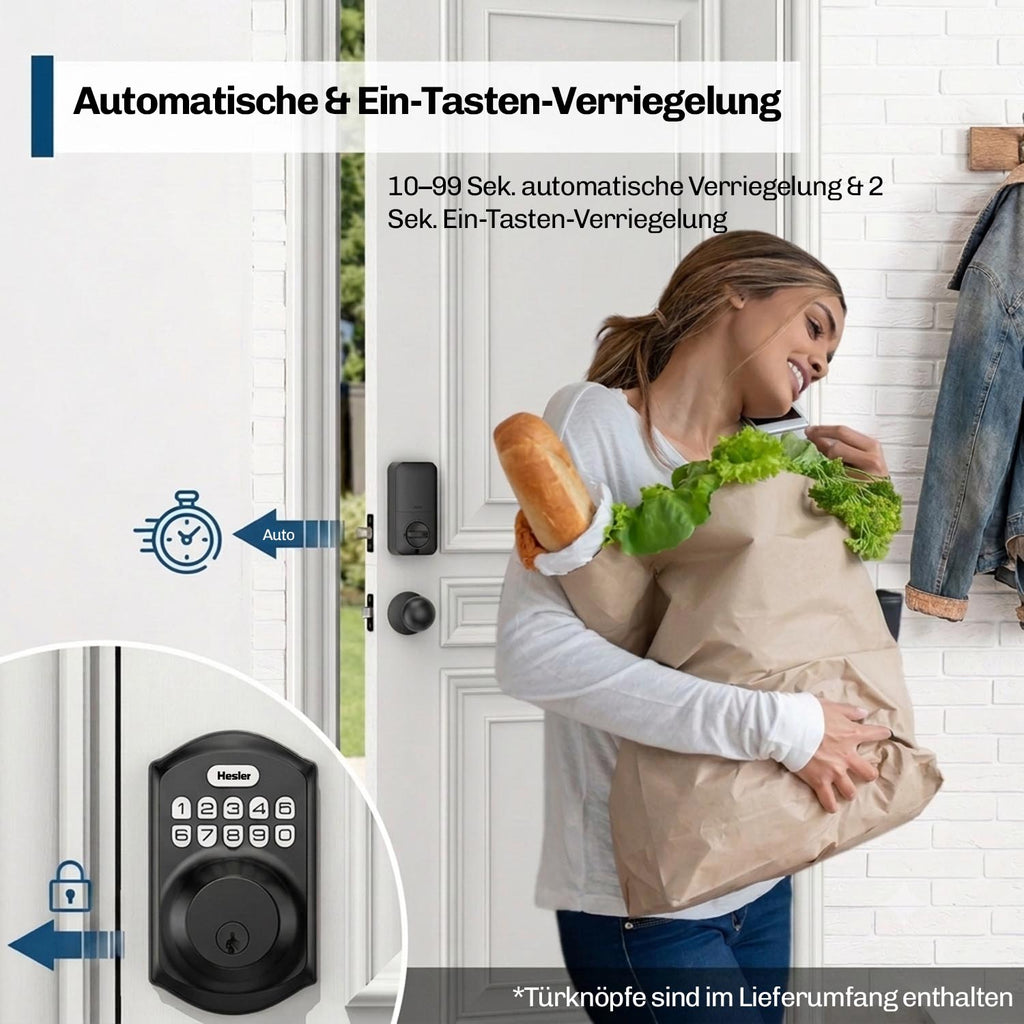 Frau mit Einkaufstüten betritt Haus durch Tür mit Hesler Zahlencodeschloss, das sich automatisch verriegelt
