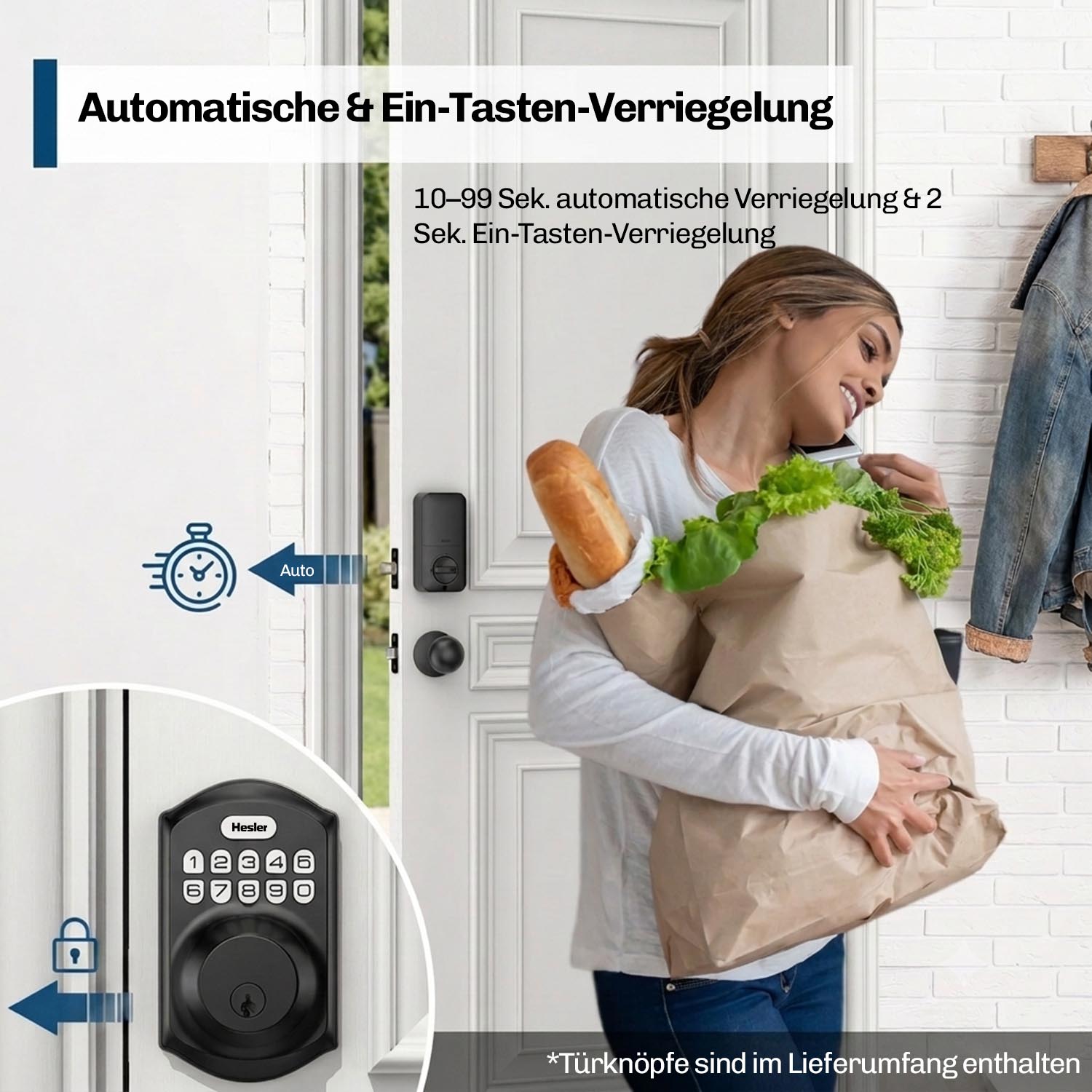 Frau mit Einkaufstüten betritt Haus durch Tür mit Hesler Zahlencodeschloss, das sich automatisch verriegelt