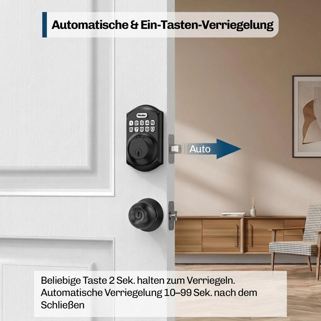 Hesler Zahlencodeschloss an Haustür im Wohnbereich mit Hinweis auf automatische Verriegelung und Ein-Tasten-Verriegelung nach dem Schließen