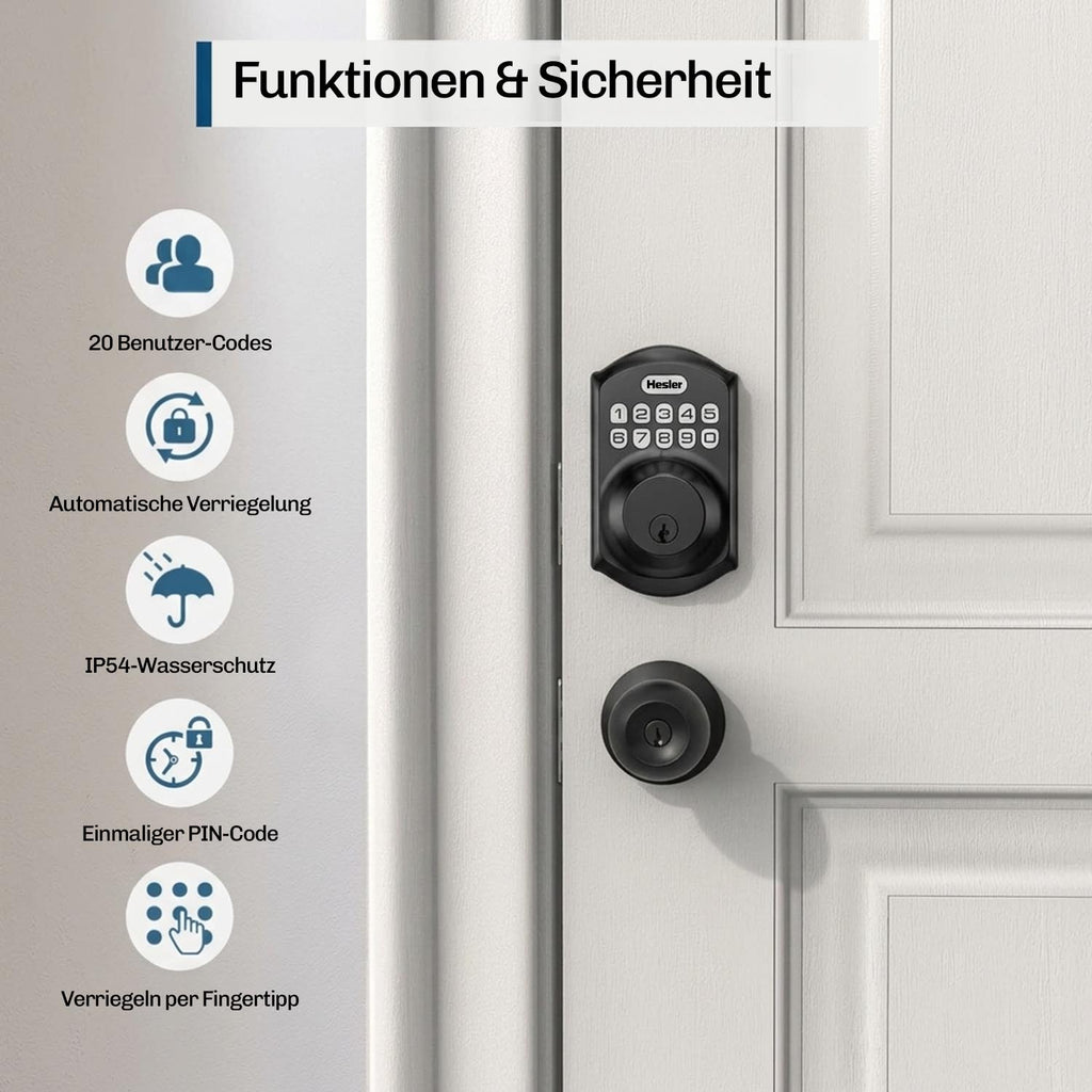 Hesler Zahlencodeschloss montiert an Haustür mit Übersicht der Funktionen: 20 Benutzer-Codes, automatische Verriegelung, IP54-Schutz und Einmalcode