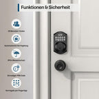 Hesler Zahlencodeschloss montiert an Haustür mit Übersicht der Funktionen: 20 Benutzer-Codes, automatische Verriegelung, IP54-Schutz und Einmalcode