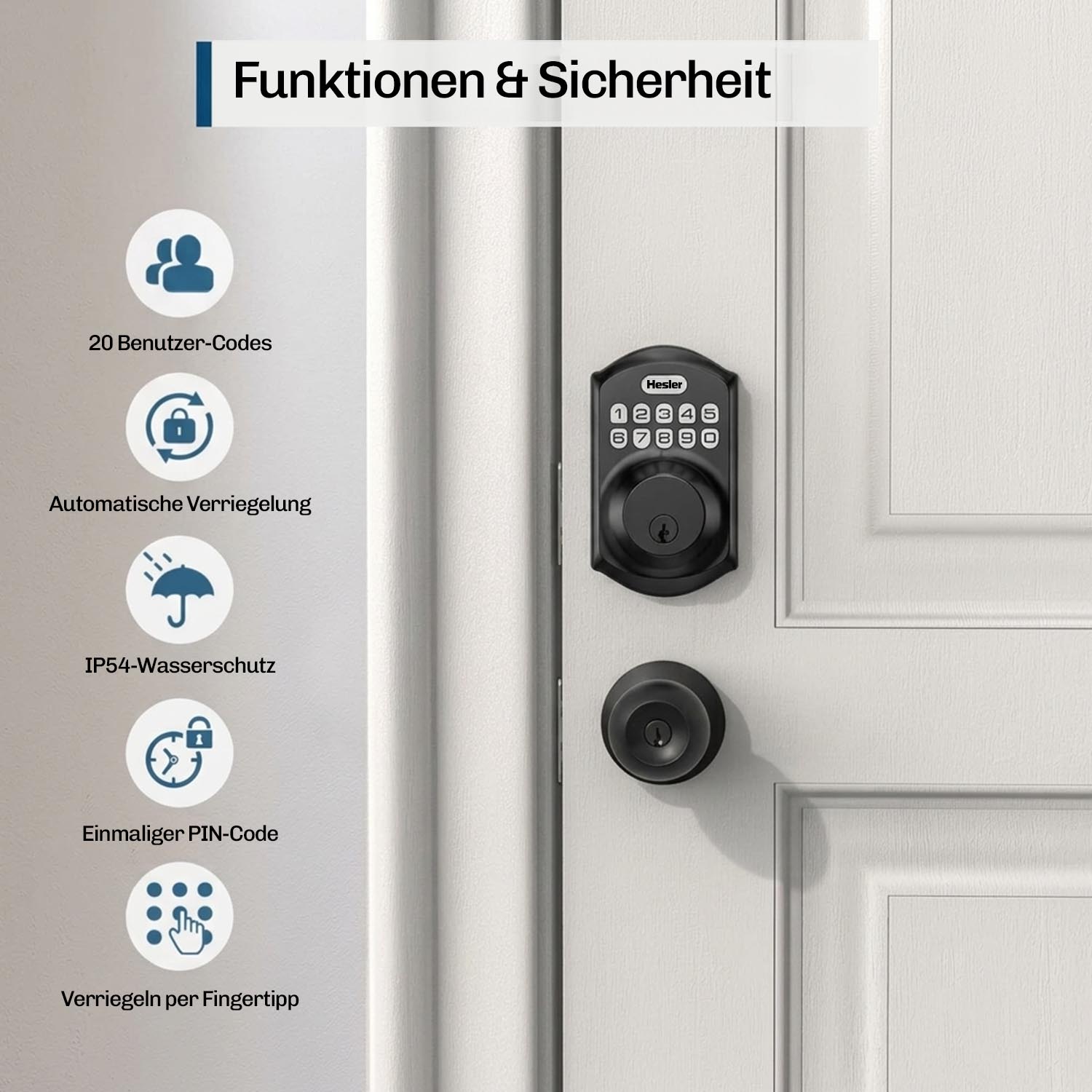 Hesler Zahlencodeschloss montiert an Haustür mit Übersicht der Funktionen: 20 Benutzer-Codes, automatische Verriegelung, IP54-Schutz und Einmalcode