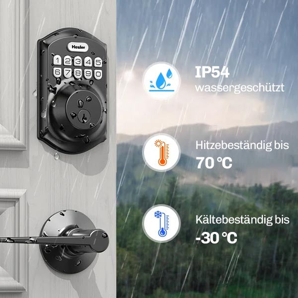 Hesler Zahlencodeschloss an weißer Haustür, daneben Hinweise zu IP54-Wasserschutz sowie Hitze- und Kältebeständigkeit von -30 bis 70 Grad Celsius