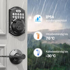 Hesler Zahlencodeschloss an weißer Haustür, daneben Hinweise zu IP54-Wasserschutz sowie Hitze- und Kältebeständigkeit von -30 bis 70 Grad Celsius
