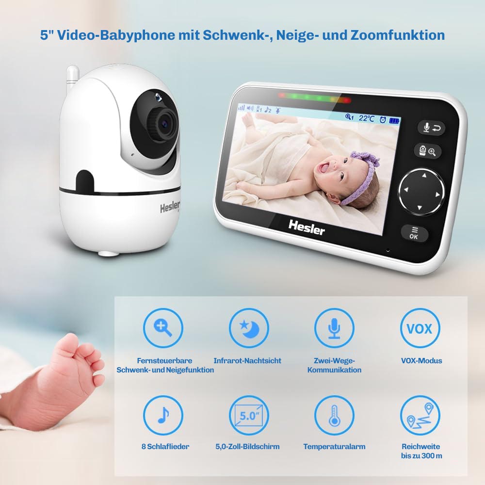 Hesler-Kamera und 5-Zoll-Monitor mit Babybild sowie Symbolen fuer Nachtsicht, VOX-Modus, Schlaflieder und Temperaturalarm.