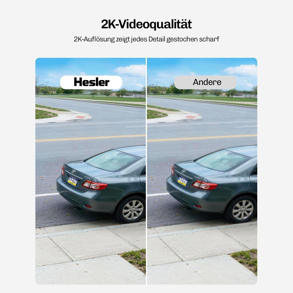 Bildvergleich zwischen 2K-Videoqualität und einer niedrigeren Auflösung anhand eines parkenden Fahrzeugs.