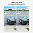 Bildvergleich zwischen 2K-Videoqualität und einer niedrigeren Auflösung anhand eines parkenden Fahrzeugs.