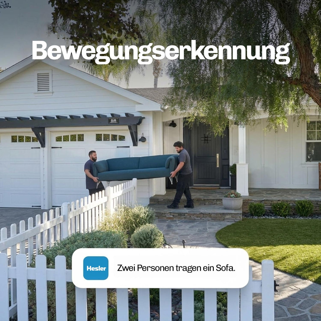 Zwei Personen tragen ein Sofa vor einem Haus, App-Benachrichtigung der HESLER Klingel zeigt die erkannte Bewegung an.