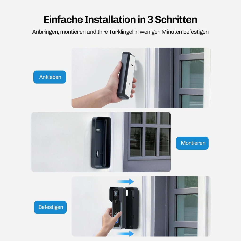 Drei Schritte der Installation: Halterung ankleben, montieren und die Videotürklingel einrasten und befestigen.