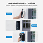 Drei Schritte der Installation: Halterung ankleben, montieren und die Videotürklingel einrasten und befestigen.