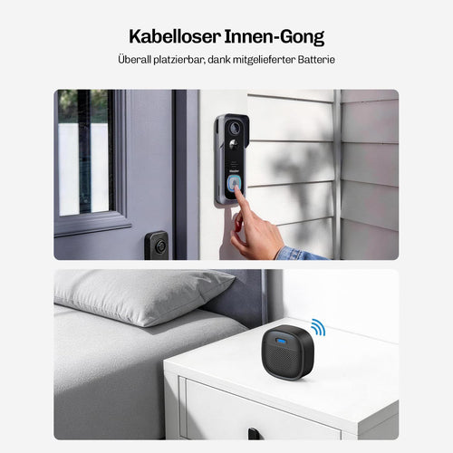 Kabelloser Innen-Gong der Videotürklingel auf einem Nachttisch, batteriebetrieben und frei platzierbar im Raum.