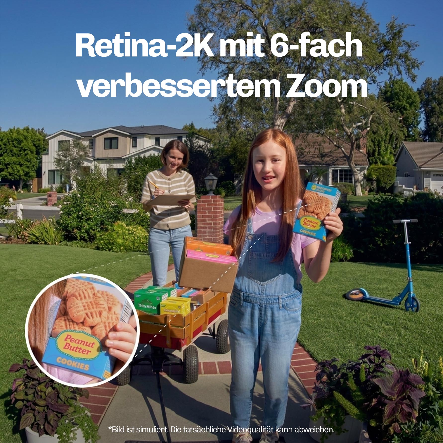 Szene vor einem Haus mit Kindern und Paketen, Bildausschnitt zeigt gezoomtes Detail einer Keksschachtel zur Veranschaulichung des 6-fachen Zooms.