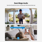 Kommunikation über Zwei-Wege-Audio mit einem Zusteller an der Tür, gesteuert über die zugehörige Smartphone-App.