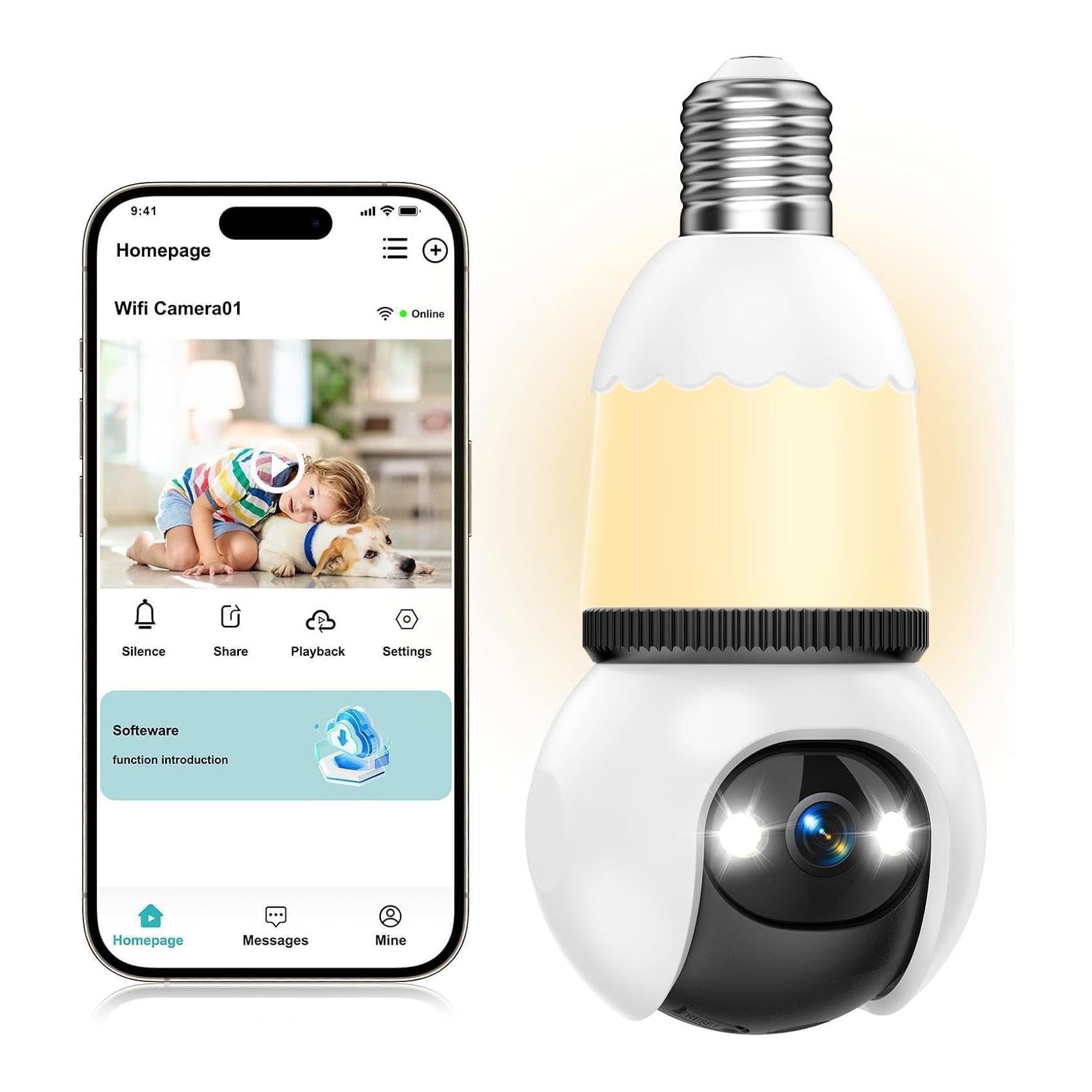 Hesler-Sicherheitskamera neben Smartphone mit geöffneter App und Live-Ansicht aus dem Wohnzimmer