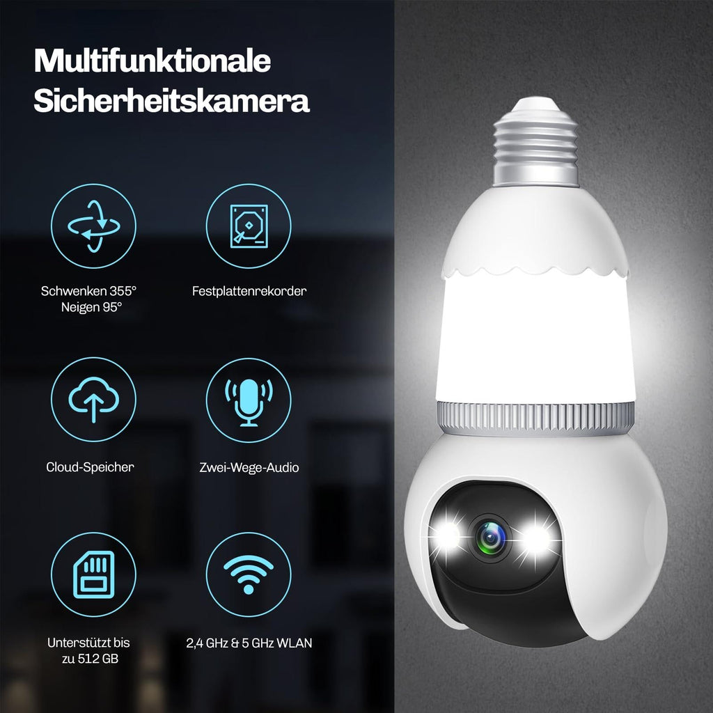 Glühbirnenform-Sicherheitskamera von Hesler mit Icons zu Schwenk-Neige-Funktion, Cloud-Speicher, Zwei-Wege-Audio und SD-Kartenslot