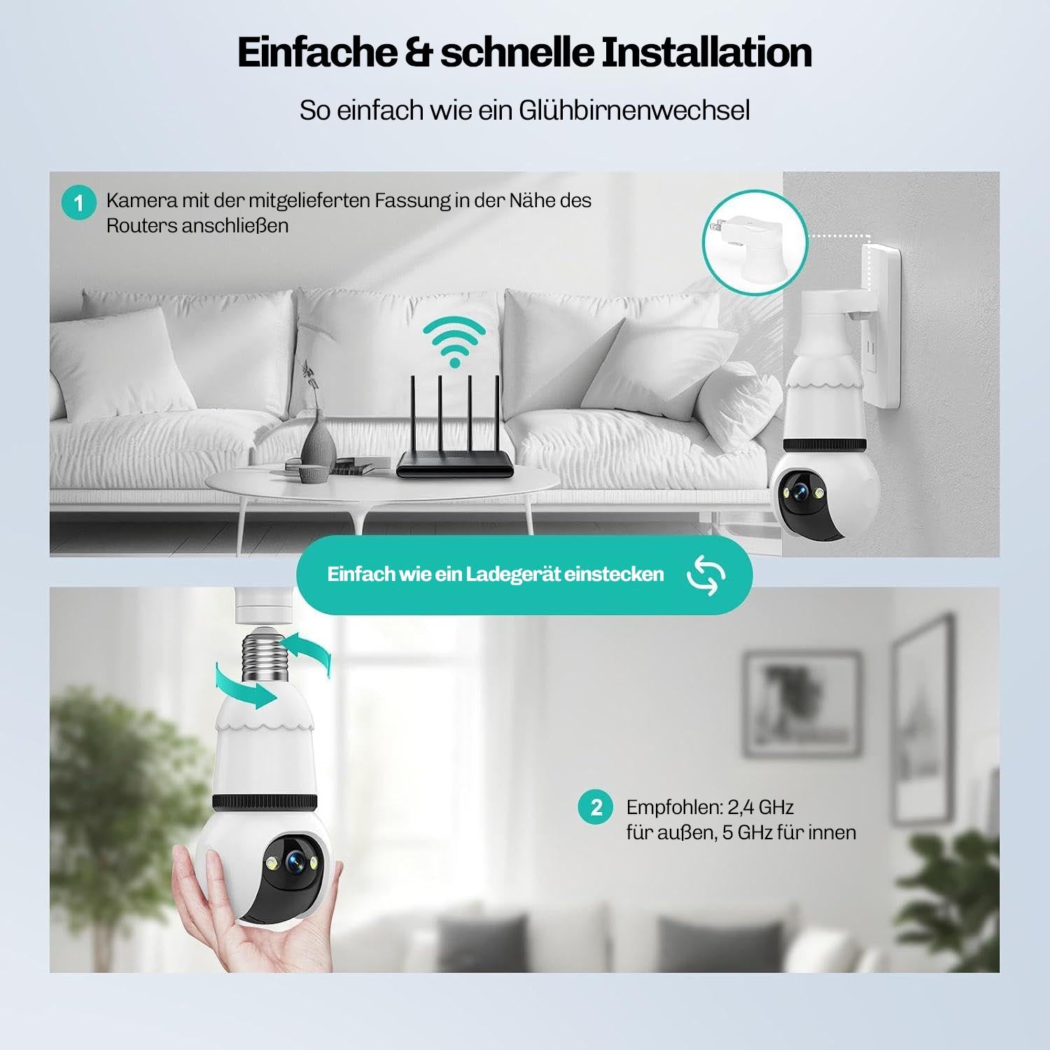 Anleitung zur Installation der Hesler-Kamera mit WLAN-Router und Einstecken in die Fassung