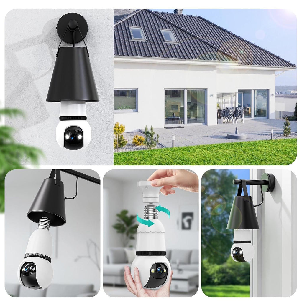 Bildcollage mit Hesler-Kamera an Hauswand, Deckenhalterung und Einfamilienhaus mit Garten