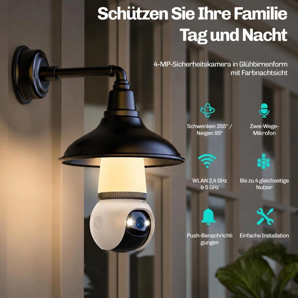 Hesler-Sicherheitskamera mit schwarzem Lampenschirm an einer Hauswand montiert, mit Farbnachtsicht bei Tageslicht