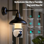 Hesler-Sicherheitskamera mit schwarzem Lampenschirm an einer Hauswand montiert, mit Farbnachtsicht bei Tageslicht