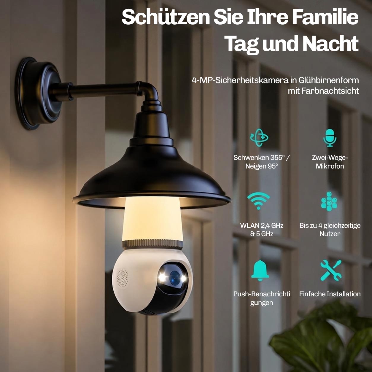 Hesler-Sicherheitskamera mit schwarzem Lampenschirm an einer Hauswand montiert, mit Farbnachtsicht bei Tageslicht