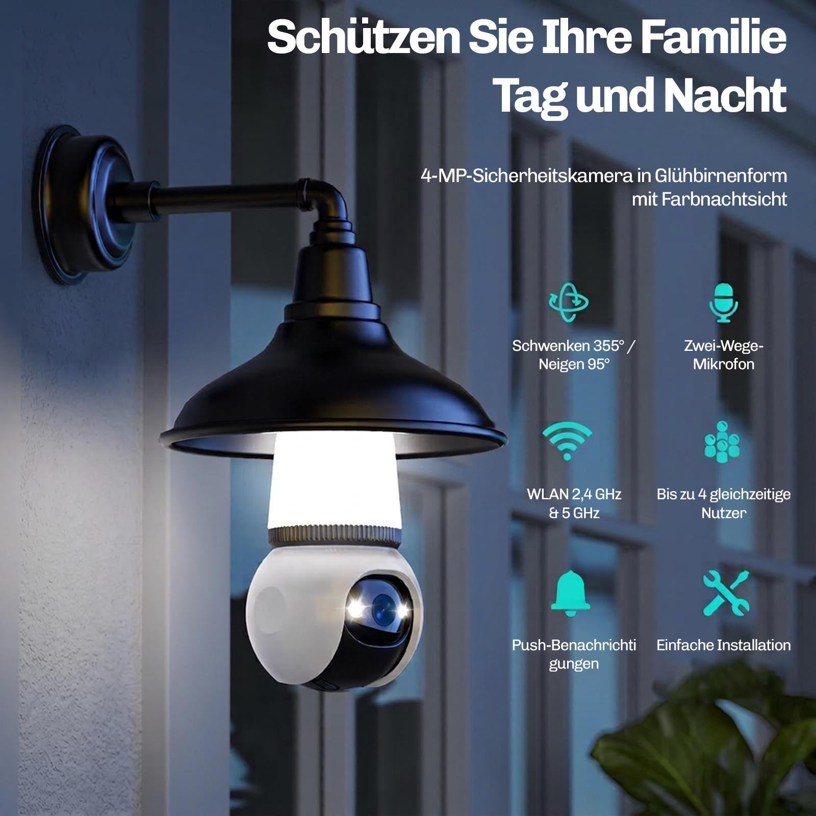 Hesler-Sicherheitskamera mit Lampenschirm an der Wand montiert, Nachtaufnahme mit aktivierter Beleuchtung