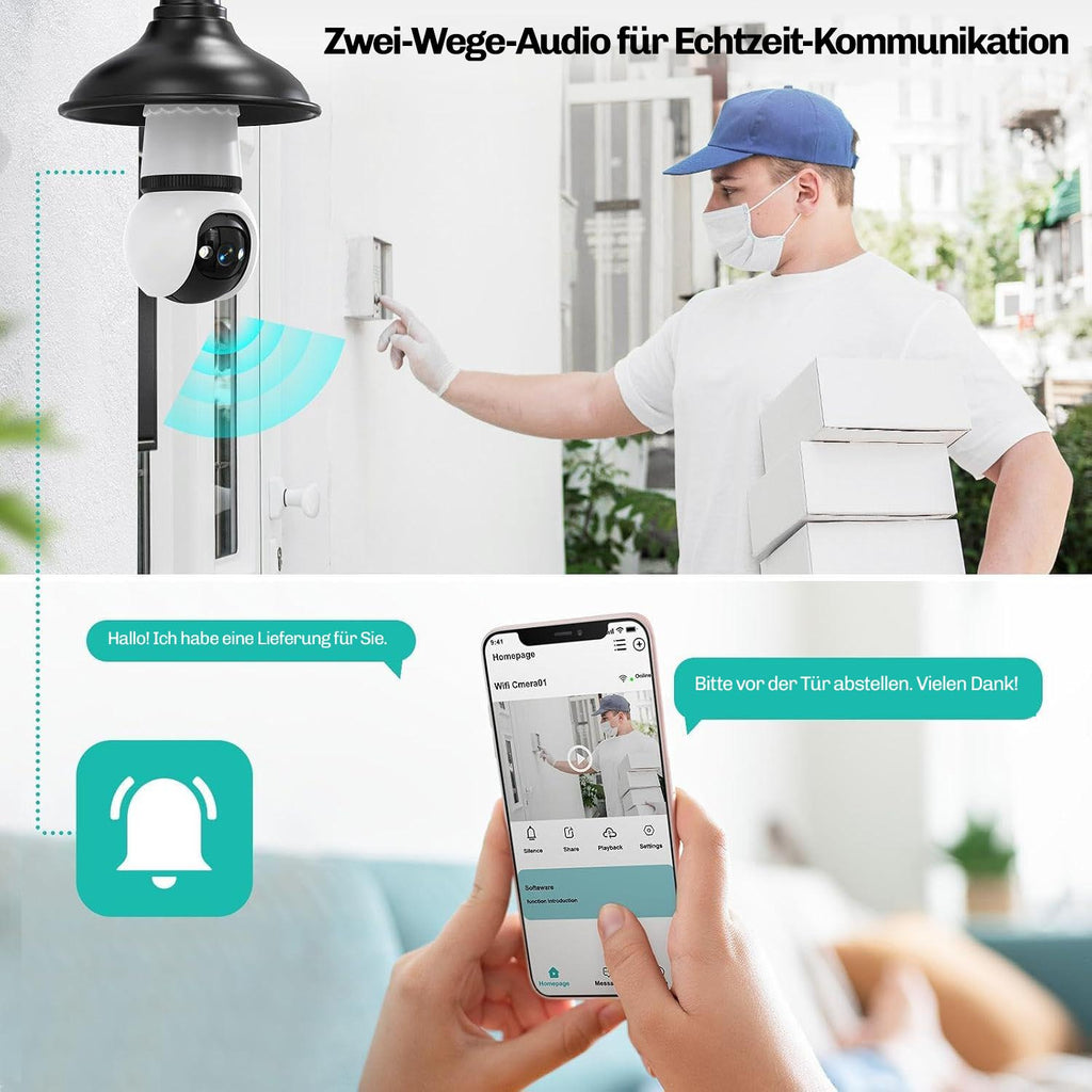 Zusteller klingelt an der Haustür, während die Hesler-Kamera die Szene erfasst und per App Zwei-Wege-Audio ermöglicht