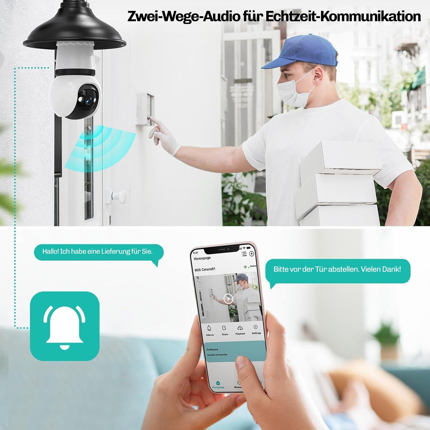Zusteller klingelt an der Haustür, während die Hesler-Kamera die Szene erfasst und per App Zwei-Wege-Audio ermöglicht